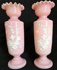 Pair Antique Bristol Pink Opaline Glass Vase Hand Blown Hand Painted Flowers