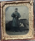 Civil War 1 6 Tintype Photo Of An Armed Infantryman Wearing Tinted Overcoat