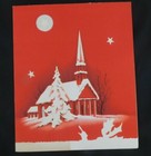 Vintage Mid Century Christmas Greeting Card  Snow Covered Church  Red Sky 