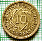 Germany Weimar Republic 1925 D 10 Reichspfennig  Wheat Ears Drawing A Pyramid