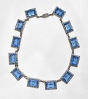 Antique Czech Art Deco Blue Glass Riviere Necklace Choker Silver Tone Filigree