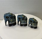 Vintage Set Of 3 Hand Carved Elephants - Blue And Black