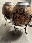 Set Of  2 Yerba Mate Gourd Carved Uruguay Signed Cups W stands