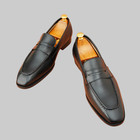Handmade Men s Black Penny Loafers Chisel Toe Full Grain Leather Dress Shoes