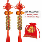 2set Chinese Feng Shui Five Emperor Coins Tassels With Red Lucky Bag Set