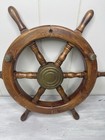Vintage 16   Wooden Brass Nautical Boat Ship Captains Wheel Wall Art  