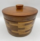 Vintage Lidded Hand Turned 2 Tone Segmented Wood Box container jar Signed 1960