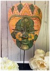 Vtg Indonesian Batik Wooden Decorative Mask Carved Wood Handpainted Floral Stand