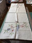 Vintage Large Parrot Branch Flowers Embroidered Table Runner Scarf 1930s 40s