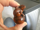 Hand Carved Wood Netsuke Rabbit Sits On A Pumpkin Collectable Boxwood Figure