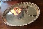Vintage Gold Tone Metal Oval Filigree Vanity Mirrored Tray Dresser Perfume