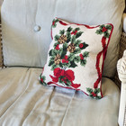 Christmas Linen Decor  Needlepoint Pillow Pine Cones  Holly   Ribbon 9 x9 