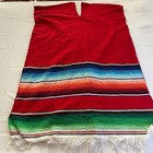 Vintage Mexican Serape Poncho Red Multicolor Stripe Fringe Boho Festival
