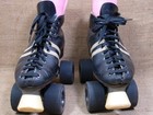 Vintage Riedell Black Leather Striped Roller Skates Super Mundo Wheels Sz 9 5