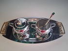 Vintage Milbern Creations Chrome Creamer And Sugar Bowl Set  tray Gold Handles