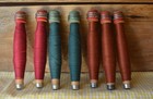 7 Antique 6 3 4    Textile Mill Wooden Spools Bobbins Green Maroon Rust Thread