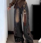 Women s Retro Blue Black Denim Jeans Straight Wide Leg Motorcycle Pants Trousers