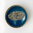 Vintage Art Deco Blue Enamel Powder Jar Glass Trinket Vanity Box Gold Filigree