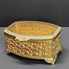 Vtg Norleans Brass Filigree Jewelry Casket Box Oval Beveled Glass Top Mustard