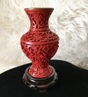 Vintage Chinese Cinnabar Brass W Blue Inside  4    Vase Floral Design Wooden Stand