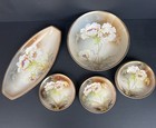 Antique Rs Germany 3 Crown Berry Bowl 8 Pc Set Raised Enamel Poppy Floral Gold