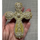 Signed Nikky Metal  Enamel And Jeweled Trinket Box Cross Faux Pearl Accents