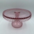 Vintage Le Smith 8 1 2  Pink Hobnail Glass Pedestal Cake Dessert Stand W  Label