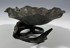 Antique Japanese Meiji Era Bronze Lotus With Frog Leaf Bowl - Ca  1900