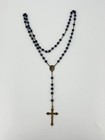 Blue Bead Rosary Necklace Gold Tone Crucifix Mary Medal Christian Jewelry