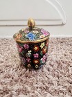 Chinese Tea Mug Mun Shou Vivid Floral Vine Black  Gold Lid Cloisonne Style Paint