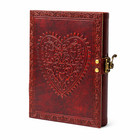 Embossed Heart Leather Journal Vintage Red Writing Diary Antique Lock Notebook