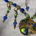 Vintage Blue Green Glass Crystal Necklace   Earrings Set Gold Tone Leaf Filigree