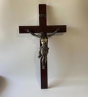 Vintage 24  Wooden Wall Cross With Metal Corpus   Spelter Crucifix