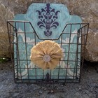 Rustic Wall Mounted Basket With Teal Damask  metal Wire Burlap Flower Decor Euc