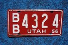 1956 Red Utah License Plate   Bb 4324