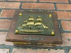 Vintage Wood Trinket Treasure Box Nautical Brass Sailboat Top