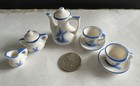 Vintage Delft Ware Porcelain Miniature Tea Set 9pcs   Pot W lid 2 Cups 2 Saucers