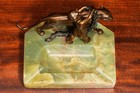 Stunning Solid Bronze Antique Sculpture Statue Cherub Panther Onyx Base Catchall