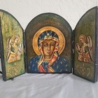 Mini Hand Painted Russian Lacquer Altar Triptych Virgin Mary Of Czestochowska
