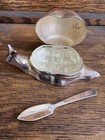1960s  Snail Butter Dish Silver Plate Glass Insert   Knife Made In Hong Kong Nos