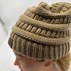 C c Beanietail Beige Cable Knit Messy Bun Ponytail Beanie Hat Soft Stretch Osfm