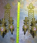 Pair Of Vintage Limoges France Bronze Brass Porcelain Candle Holder Wall Sconces