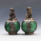 Chinese Tibet Silver Dragon Inlaid Green Jade Hand Carved Pair Lion Statue 