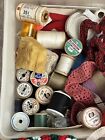 Vintage Assorted Sewing Supplies With Wooden Thread Spools