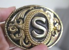 Vintage Brass   Black Painted Floral Initial  s  Cameo Belt Buckle Usa Made