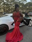 Red Satin Beaded Mermaid Formal Evening Dress Illusion Neckline Long Sleeveless