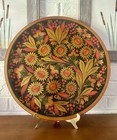 Vintage Russian Khokhloma Painted Wooden Platter tray Black Gold Red 20 