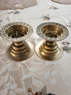Pair Of Vintage Solid Brass Pillar Candle Holders With Etched Rim Design