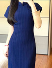 Women   s Blue Pleated Cheong-sam Qipao Dress S Polyester Short Sleeve