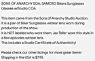 Sons Of Anarchy Soa  Samcro Bikers Sunglasses Glasses W studio Coa